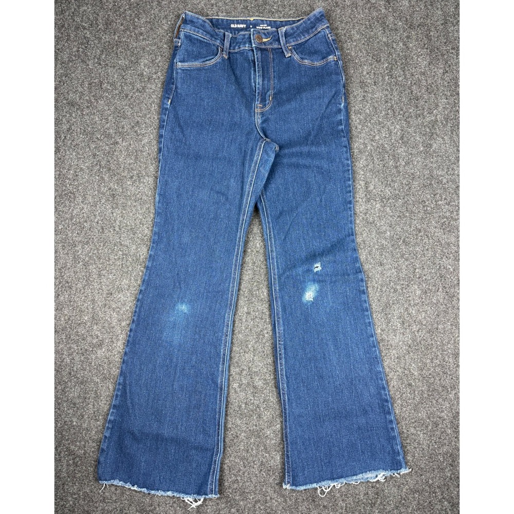 Old Navy High-Rise Wow Flare Jeans Blue Denim Frayed Hem Distressed Size 0